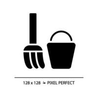 Staff only enclosure pixel perfect black glyph icon. Janitor room with equipment. Toilet cleaning tools. Manual work. Silhouette symbol on white space. Solid pictogram. Vector isolated illustration