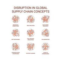 Disruption in global supply chain terracotta concept icons set. International logistics idea thin line color illustrations. Isolated symbols. Editable stroke vector