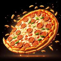 3D Realistic Flying Pizza concept with Black Background photo