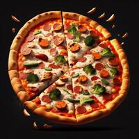 3D Realistic Flying Pizza concept with Black Background photo