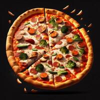 3d realista volador Pizza concepto con negro antecedentes generativo ai foto