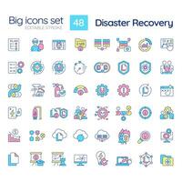 Disaster recovery RGB color icons set. Maintain infrastructure. Data loss prevention. Protect computer system. Isolated vector illustrations. Simple filled line drawings collection. Editable stroke