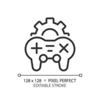 Game settings pixel perfect linear icon. Videogame adjustment menu. Console controller. Gameplay optimization. Thin line illustration. Contour symbol. Vector outline drawing. Editable stroke