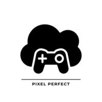 Cloud gaming black glyph icon. Play video games on virtual server. Amusement technology on internet. Silhouette symbol on white space. Solid pictogram. Vector isolated illustration