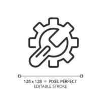 Setup pixel perfect linear icon. System settings. Troubleshooting service. Technical repair. Automated process. Thin line illustration. Contour symbol. Vector outline drawing. Editable stroke