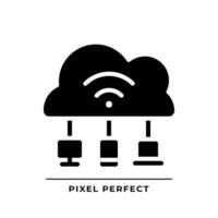 Cloud based IoT black glyph icon. Internet of things features. Massive network with devices and apps. Silhouette symbol on white space. Solid pictogram. Vector isolated illustration