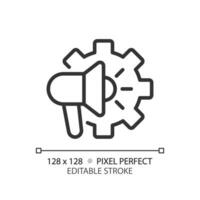 Ad settings pixel perfect linear icon. Search engine optimization. SEO tools. Marketing, promotion. Advertising options. Thin line illustration. Contour symbol. Vector outline drawing. Editable stroke
