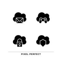 Purposes of cloud computing black glyph icons set on white space. Online servers in multiple spheres. Innovative solutions. Silhouette symbols. Solid pictogram pack. Vector isolated illustration