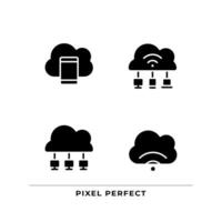 Connect devices to cloud based servers black glyph icons set on white space. Share data via internet network. Silhouette symbols. Solid pictogram pack. Vector isolated illustration