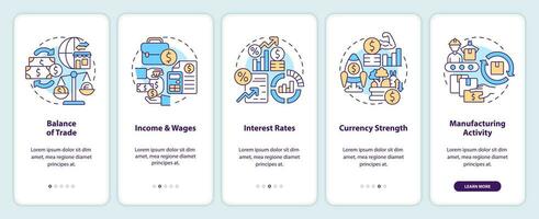 Economic indicators examples onboarding mobile app screen. Walkthrough 5 steps editable graphic instructions with linear concepts. UI, UX, GUI template vector