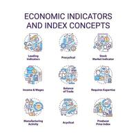 Economic indicators and index concept icons set. Business data analytics idea thin line color illustrations. Isolated symbols. Editable stroke vector