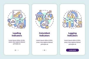 Types of economic indicators onboarding mobile app screen. Analytics walkthrough 3 steps editable graphic instructions with linear concepts. UI, UX, GUI template vector