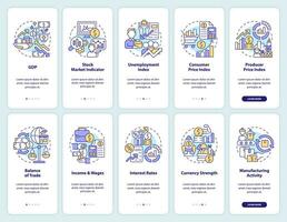 Economic indicators and examples onboarding mobile app screens set. Walkthrough 5 steps editable graphic instructions with linear concepts. UI, UX, GUI template vector