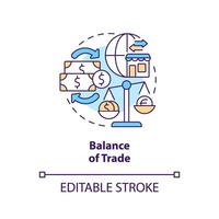 equilibrar de comercio concepto icono. bienes importar y exportar. económico indicadores ejemplo resumen idea Delgado línea ilustración. aislado contorno dibujo. editable carrera vector