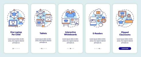 Educational applications of ICT onboarding mobile app screen. Data walkthrough 5 steps editable graphic instructions with linear concepts. UI, UX, GUI template vector