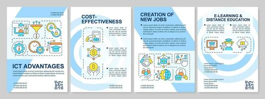 ICT advantages blue brochure template. Digital data. Leaflet design with linear icons. Editable 4 vector layouts for presentation, annual reports