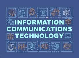 Information communication technology word concepts dark blue banner. Infographics with editable icons on color background. Isolated typography. Vector illustration with text