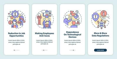ICT in business disadvantages onboarding mobile app screen. Issues walkthrough 4 steps editable graphic instructions with linear concepts. UI, UX, GUI template vector