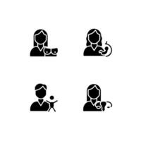 Mother and child health black glyph icons set on white space. Mammography and gynecology. Prenatal care service. Silhouette symbols. Solid pictogram pack. Vector isolated illustration