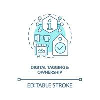 Digital tagging and ownership turquoise concept icon. Property right. Trend in NFTs abstract idea thin line illustration. Isolated outline drawing. Editable stroke vector