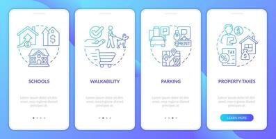 Residential area blue gradient onboarding mobile app screen. Real estate walkthrough 4 steps graphic instructions with linear concepts. UI, UX, GUI template vector