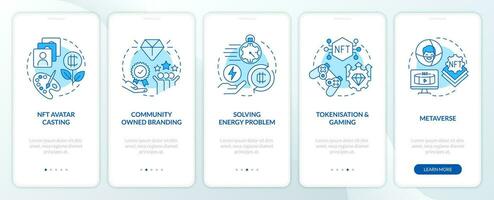 Important NFT trends blue onboarding mobile app screen. Marketing walkthrough 5 steps editable graphic instructions with linear concepts. UI, UX, GUI template vector