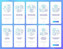 Ready to buy house blue gradient onboarding mobile app screen set. Homebuyer walkthrough 5 steps graphic instructions with linear concepts. UI, UX, GUI template vector