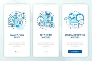 Ways of selling NFTs blue onboarding mobile app screen. Business walkthrough 3 steps editable graphic instructions with linear concepts. UI, UX, GUI template vector