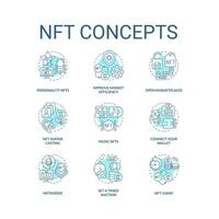 NFT turquoise concept icons set. Blockchain technology. Making money in cyberspace idea thin line color illustrations. Isolated symbols. Editable stroke vector