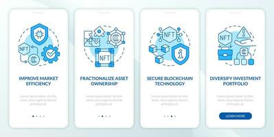 NFT benefits blue onboarding mobile app screen. Digital artworks walkthrough 4 steps editable graphic instructions with linear concepts. UI, UX, GUI template vector