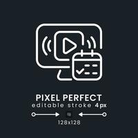 Watch Event white linear desktop icon on black. Pre-recorded broadcast. Streaming service feature. Pixel perfect 128x128, outline 4px. Isolated user interface symbol for dark theme. Editable stroke vector