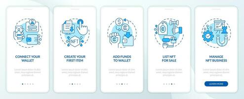 NFTs minting process blue onboarding mobile app screen. Technology walkthrough 5 steps editable graphic instructions with linear concepts. UI, UX, GUI template vector