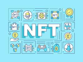 NFT word concepts blue banner. Investment in crypto art. Infographics with editable icons on color background. Isolated typography. Vector illustration with text