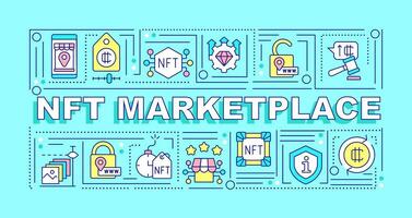 NFT marketplaces word concepts turquoise banner. Crypto art. Infographics with editable icons on color background. Isolated typography. Vector illustration with text