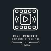 On-demand streaming white linear desktop icon on black. Subscription-based provider. Media service. Pixel perfect 128x128, outline 4px. Isolated user interface symbol for dark theme. Editable stroke vector