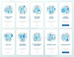 NFTs minting and trends blue onboarding mobile app screen set. Walkthrough 5 steps editable graphic instructions with linear concepts. UI, UX, GUI template vector