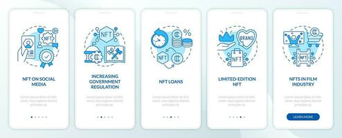 Promising NFT trends blue onboarding mobile app screen. Blockchain walkthrough 5 steps editable graphic instructions with linear concepts. UI, UX, GUI template vector