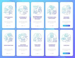 Buying home blue gradient onboarding mobile app screen set. New property guide walkthrough 5 steps graphic instructions with linear concepts. UI, UX, GUI template vector