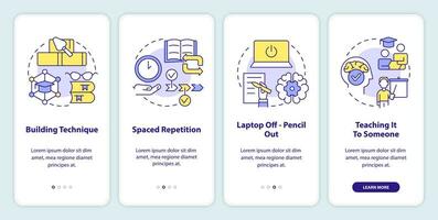 Verbal memorizing strategies onboarding mobile app screen. Memory walkthrough 4 steps editable graphic instructions with linear concepts. UI, UX, GUI template vector