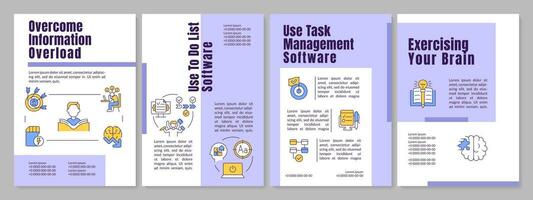 Overcome information overwhelm purple brochure template. Manage. Leaflet design with linear icons. Editable 4 vector layouts for presentation, annual reports