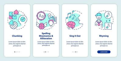 Verbal memorization techniques onboarding mobile app screen. Remember walkthrough 4 steps editable graphic instructions with linear concepts. UI, UX, GUI template vector