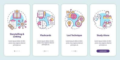 Visual memorization methods onboarding mobile app screen. Train brain walkthrough 4 steps editable graphic instructions with linear concepts. UI, UX, GUI template vector