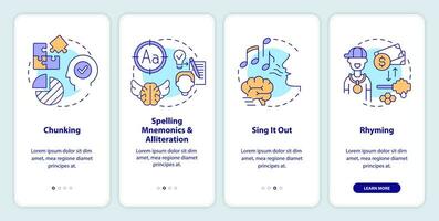 Verbal memorization tricks onboarding mobile app screen. Train memory walkthrough 4 steps editable graphic instructions with linear concepts. UI, UX, GUI template vector