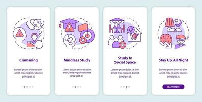 Worst ways to study onboarding mobile app screen. Ineffective learning walkthrough 4 steps editable graphic instructions with linear concepts. UI, UX, GUI template vector