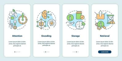 Memorizing information onboarding mobile app screen. Memory process walkthrough 4 steps editable graphic instructions with linear concepts. UI, UX, GUI template vector