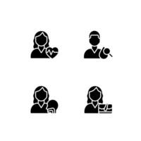 Doctor appointment black glyph icons set on white space. Otorhinolaryngology and cardiology. Diagnostics, treatment. Healthcare. Silhouette symbols. Solid pictogram pack. Vector isolated illustration