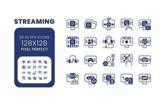 Streaming black solid desktop icons pack. Live video. Digital content. Broadcasting technology. Pixel perfect 128x128, outline 4px. Symbols on white space. Glyph pictograms. Isolated vector images