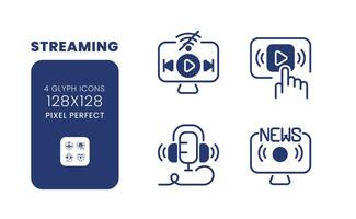 Streaming black solid desktop icons pack. Multimedia content. Online entertainment. News broadcast. Pixel perfect 128x128, outline 4px. Symbols on white space. Glyph pictograms. Isolated vector images