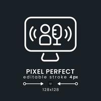 Live TV podcast white linear desktop icon on black. Streaming media. Talk show. Online interview. Pixel perfect 128x128, outline 4px. Isolated user interface symbol for dark theme. Editable stroke vector