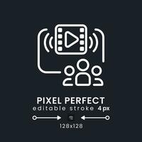 Family-friendly programming white linear desktop icon on black. Live streaming platform. Pixel perfect 128x128, outline 4px. Isolated user interface symbol for dark theme. Editable stroke vector